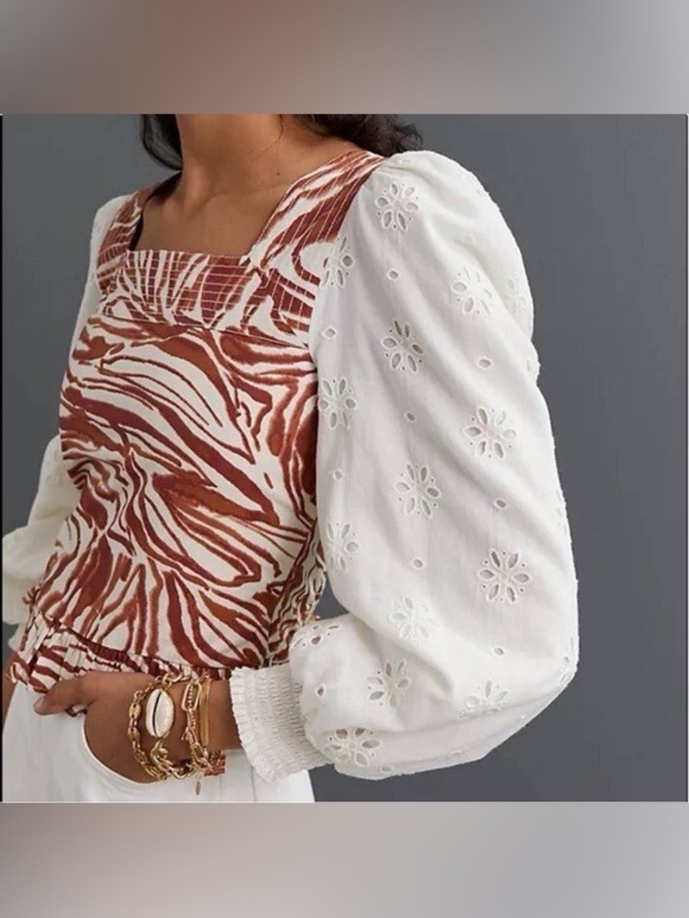 Anthropologie Love the Label Smocked Puff Sleeve Animal Zebra Blouse Size Medium